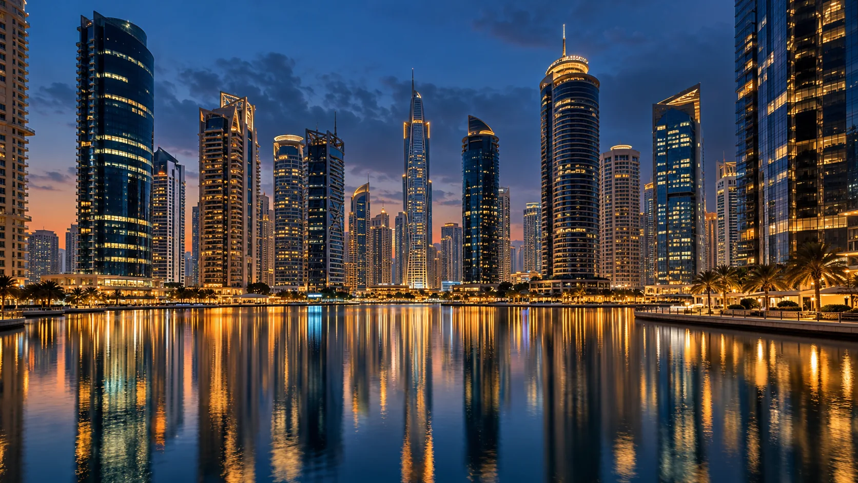 Illustrative Dubai waterfront towers